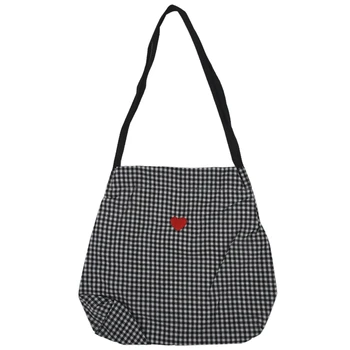 

Women Canvas Shoulder Bag Black White Plaid Red Heart Embroidery Ladies Shopping Bag Handbags Totes Cotton Cloth Beach Bags