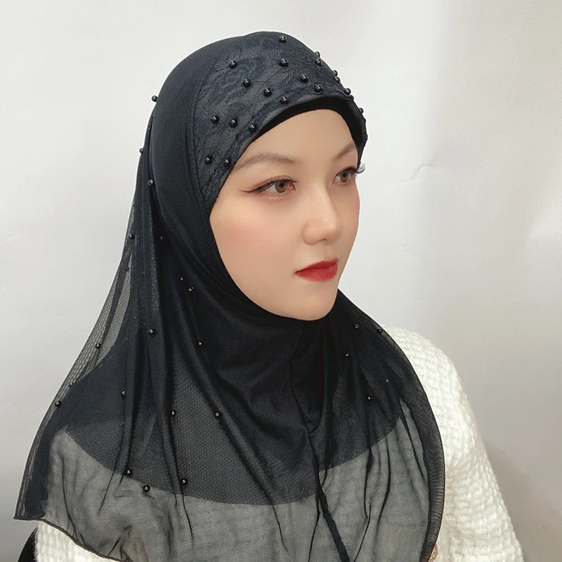 Ready To Wear Muslim Veil Loop Pearl Instant Hijab Femme Musulman