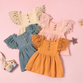 0-24M Newborn Infant Baby Girls Casual Dress Solid Color Short Fly Sleeves Clothing Yellow/ Grey Blue/ Pink/ Apricot 1