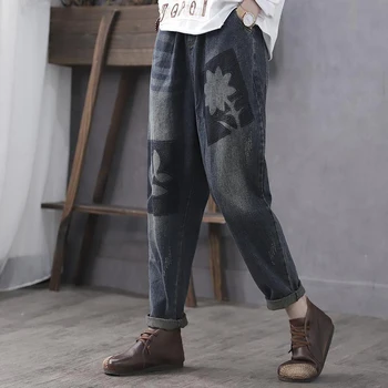 

2020 Spring New Arts Style Women Elastic Waist Cotton Denim Harem Pants Vintage Flower Loose Casual Jeans Plus Size S596