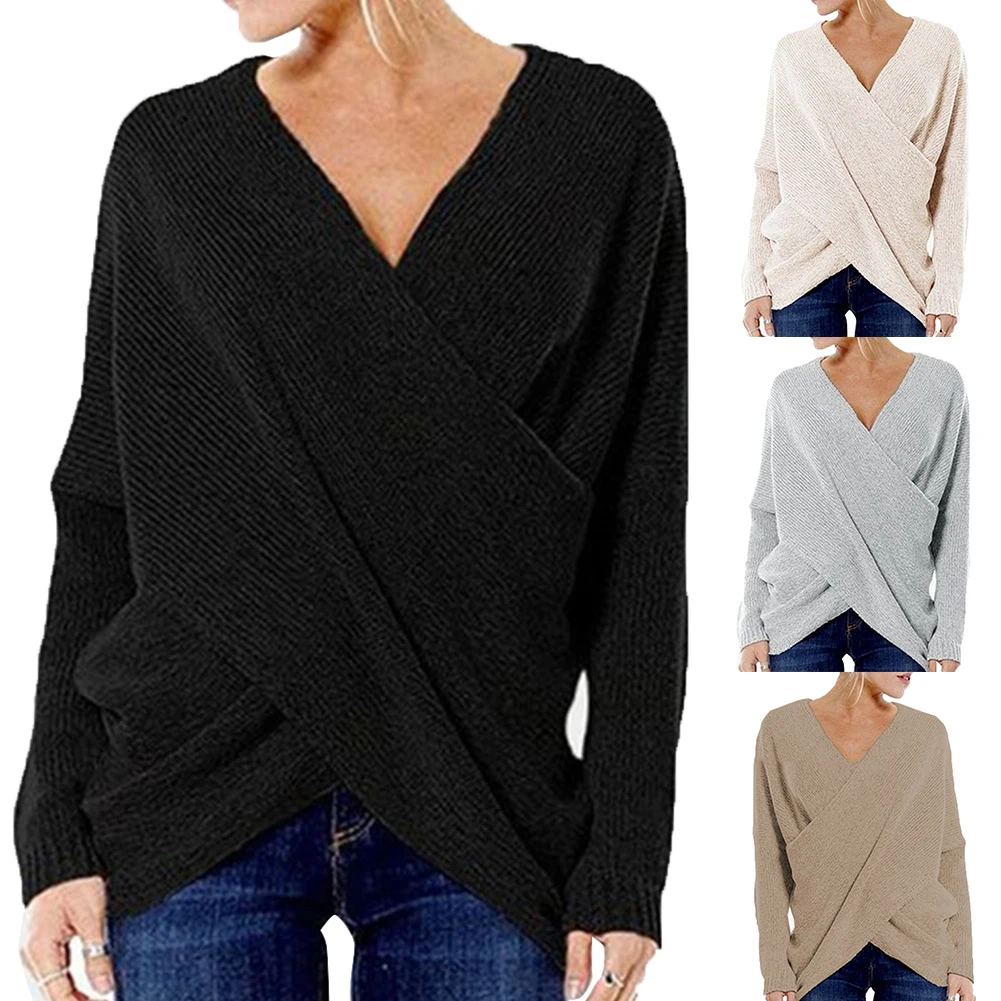 Сплошной цвет, женская мода, v-образный вырез, Крест Спереди, асимметричный подол, свитер, свободный джемпер