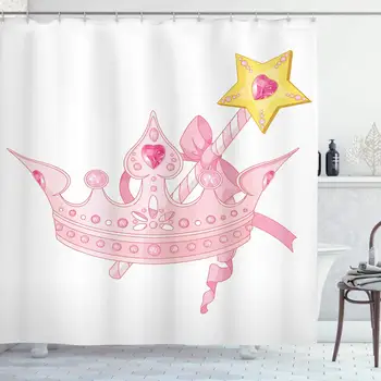

Princess Shower Curtain, Crown and Magic Wand for True Princess Ribbon Golden Yellow Antique Artwork, Cloth Fabric Bathroom