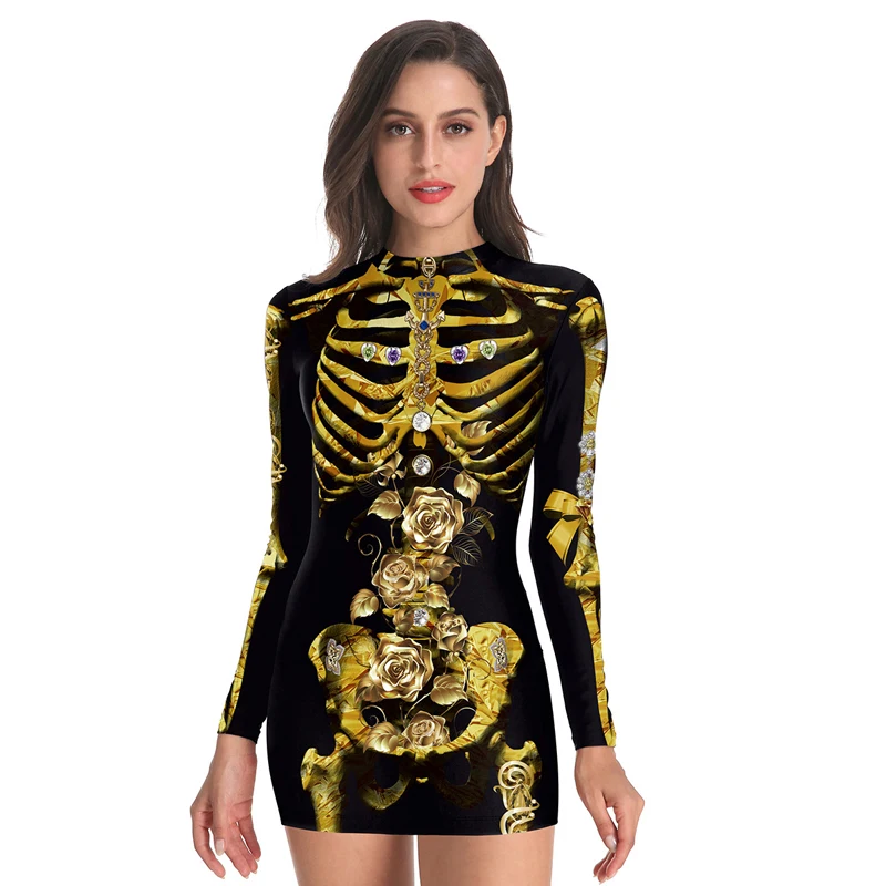 

BKMGC Women Halloween Clothes Printed Sexy Long Sleeves Black Scary Skeleton Skull Casual Party Cosplay Party Bodycon Dress