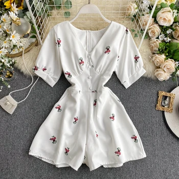 

Summer Women's Temperament V-neck Printed Jumpsuit High Waist Wide Leg Shorts