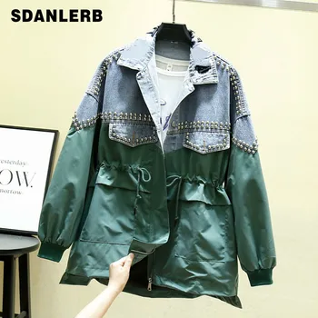 

Women Trench Coat Contrast Color Drawstring Waist Top Female Loose Spring Fall Letter Riveting Beaded Jeans Coat Chaqueta Mujer