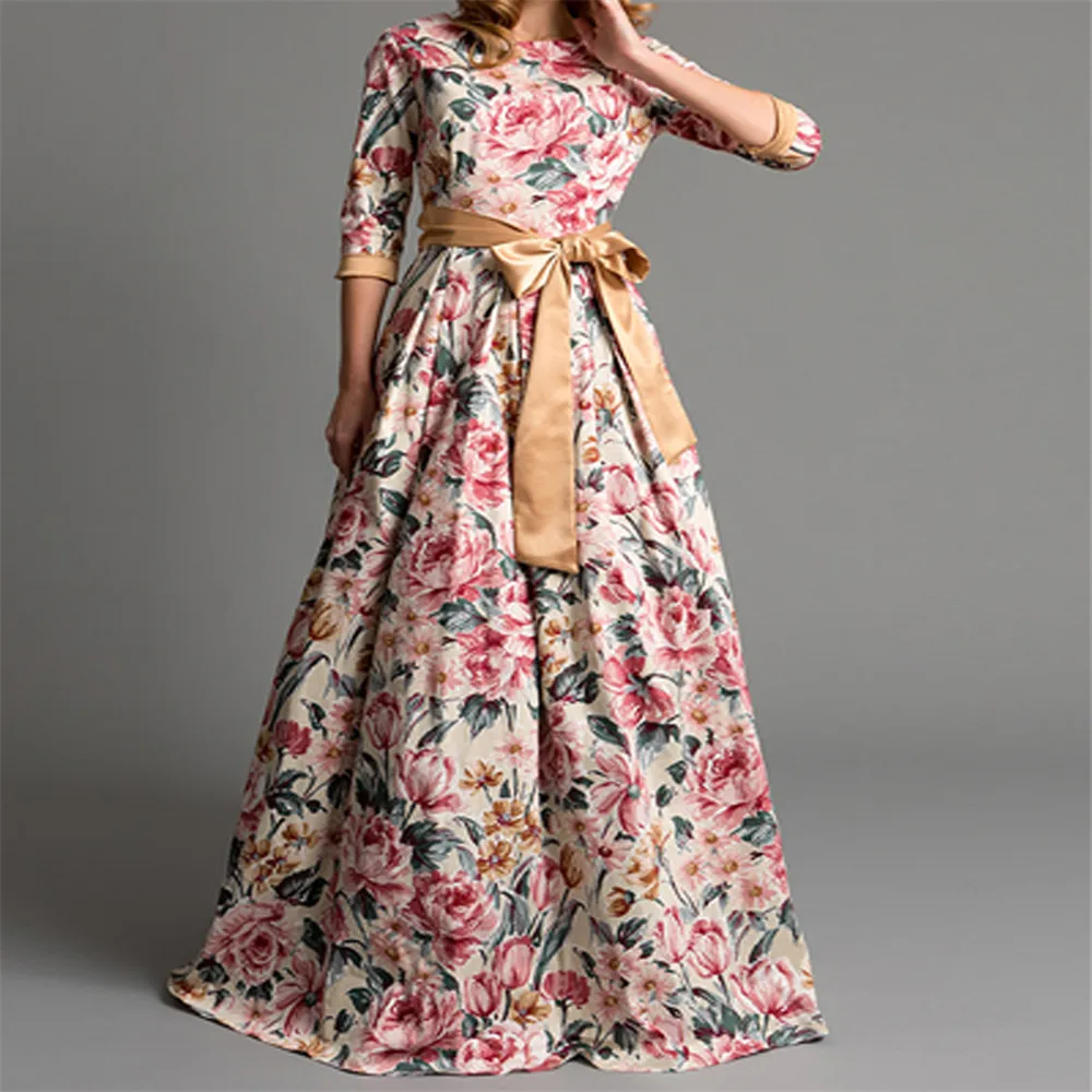 Женское платье в богемном стиле с цветочным принтом в стиле ретро, на шнуровке, с бантом, с высокой талией, длинное платье, элегантное модное платье с круглым вырезом, с рукавом семь,, осень