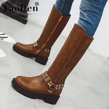 

TAOFFEN Women Motorcycle Boots Zipper Platform Knee High Boots Chunky Heels Brand Classics Winter Boots Footwear Size 34-40