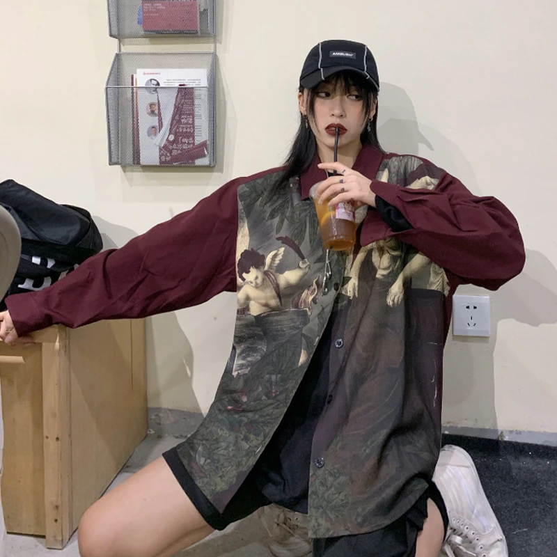 Ulzzang Женские топы и блузки bf принт ins уличная одежда Harajuku Стиль Осень blusas mujer de moda