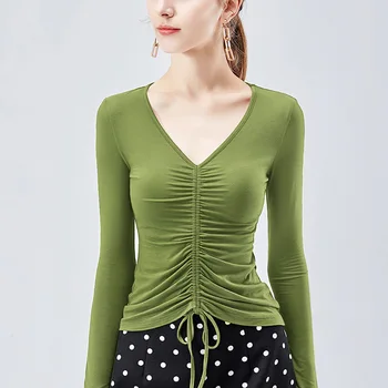 

Early autumn solid color V-neck long-sleeved pure cotton waist long-sleeved T-shirt women gray