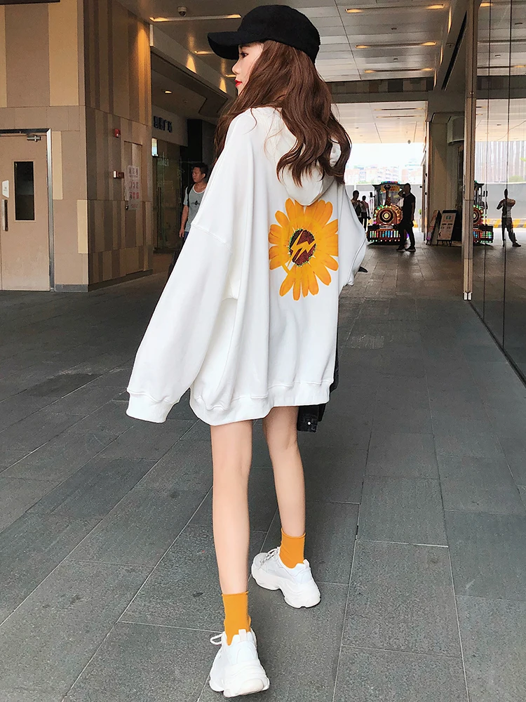 

Sweater Female 2019 Autumn New Style Korean Style Loose Pullover Lian Cap Printing Medium Length Money Long Sleeve Thin Section