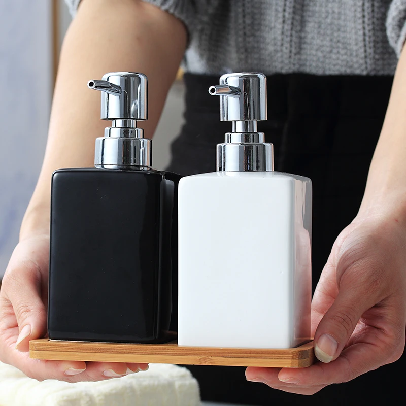 

Bathroom Shower Gel Shampoo Ceramic 320ml Dispensing Bottle, Press Bottle, Soap Dispenser, Empty Lotion Bottle, with Wooden Tray