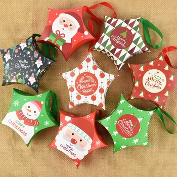 

5pcs Christmas Gifts Box Santa Snowman Printed Five-pointed Star Candy Paper Boxes Birthday Xmas Party Favors Packaging Supplies
