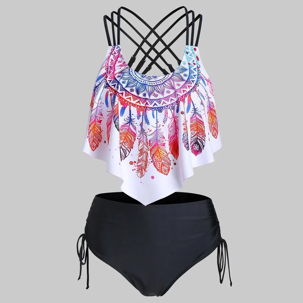 Swimwear Woman Bikini Swimsuit Feather Print Push-Up Padded Overlay Flounce Crisscross High Waist Bikini Tankini Swimwear