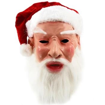 

Realistic Santa Claus Latex Mask Full Head with Beard and Red Hat Halloween Costume Christmas Cosplay Party Fancy Dress