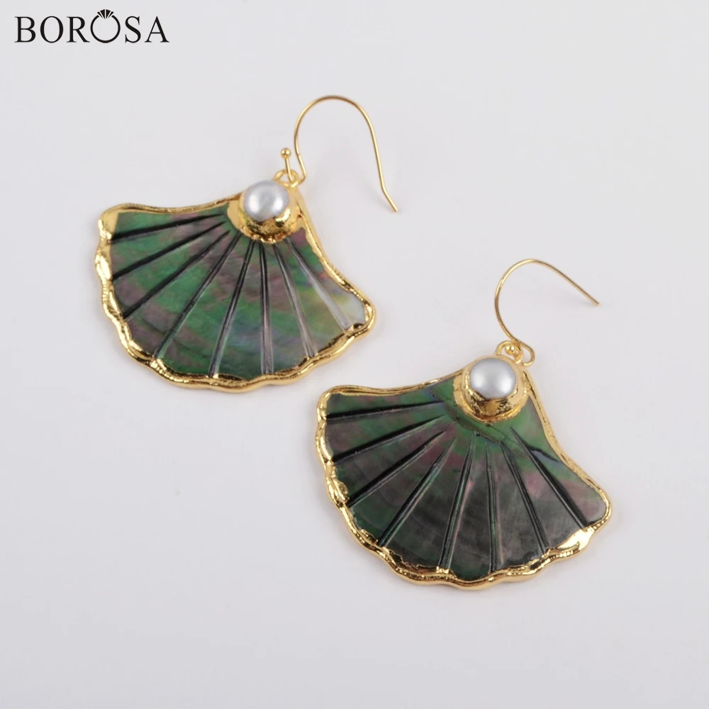

BOROSA 4Pairs Fan Shape Gold Plating Black Rainbow Shell Pave Pearl Drop Earrings Natural Shell Charms Earrings Jewelry G1878-E