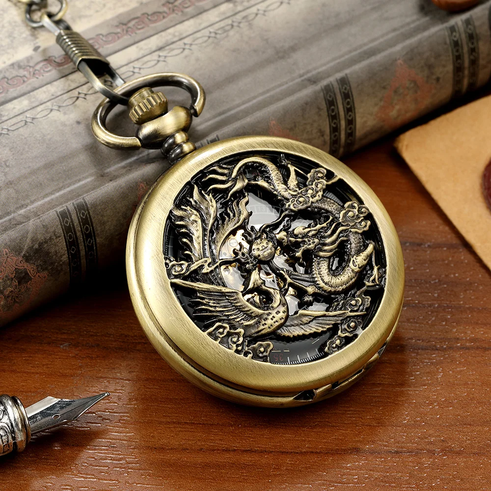 Ancient China Style Pocket Watch Vintage Dragon Design Quartz Watches Necklace Pendant Chain Clock for Unisex Relogio De Bolso