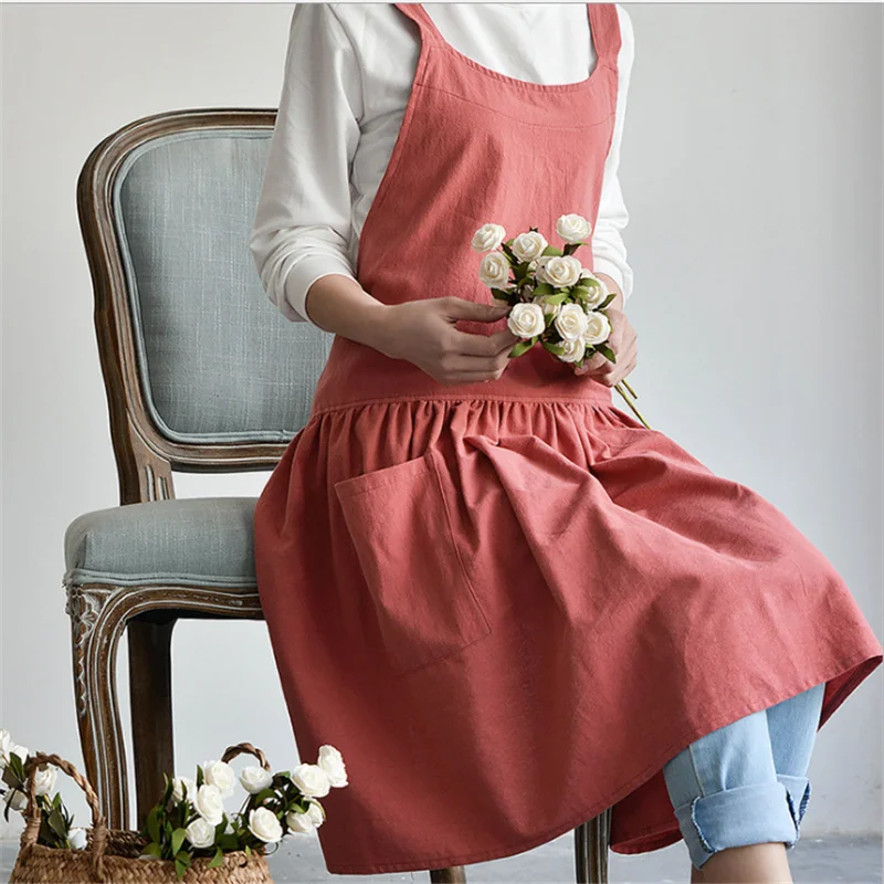 Saim Home Cooking Florist Apron Cotton Linen Kitchen Cafe Apron Women Sleeveless Pinafore Dress Women Cross Back Apron JJ50773