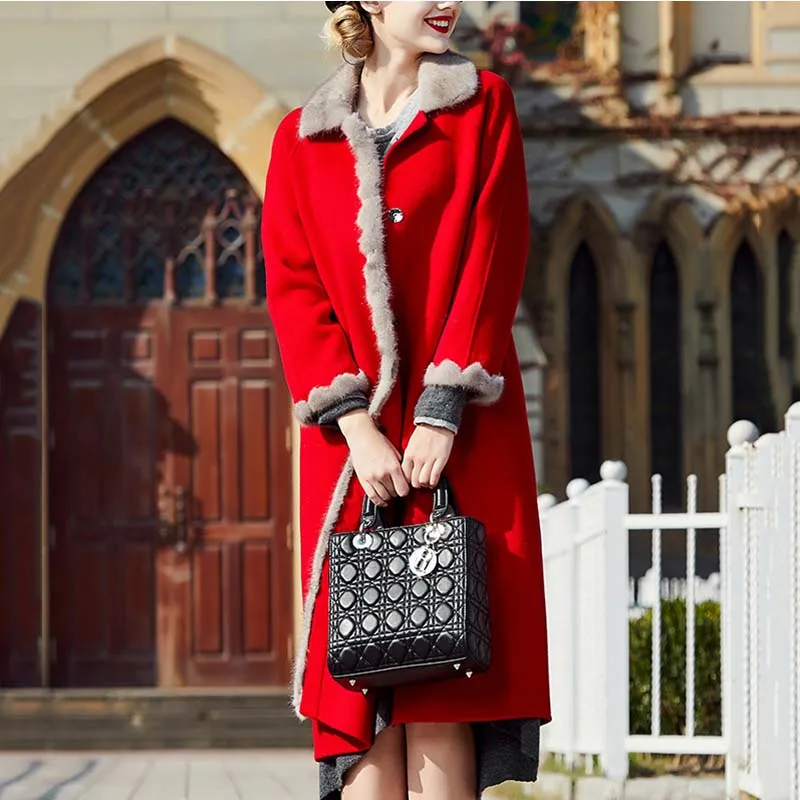 High quality Red Women Woolen Coat New Mink Fur collar Winter Fashion Medium long Women's Woolen Coat NUW609