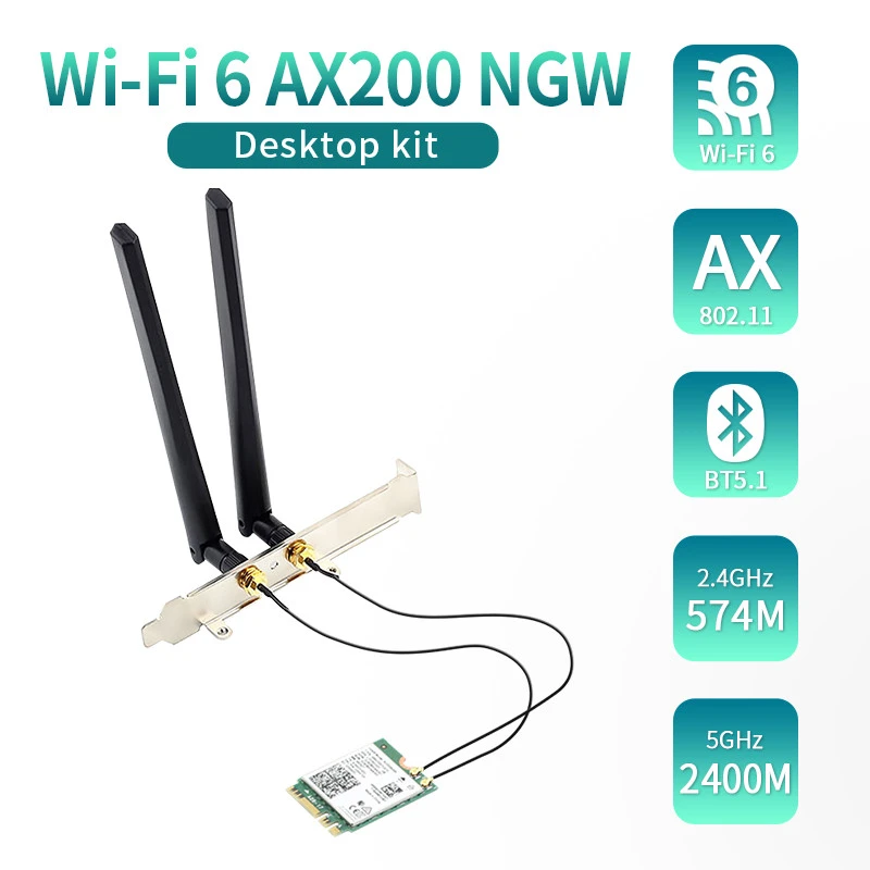 3000Mbps Intel AX200 802.11ax Wi-Fi 6 Desktop Kit Bluetooth 5.1 Antenna Wifi Card 2.4G/5Ghz Wireless Network Adapter For Win 10