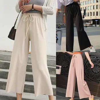 

Women Solid Color High Waist Drawstring Wide Leg Trousers Loose Straight Pants