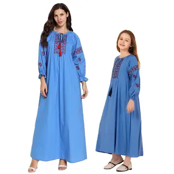 

Muslim Women Embroidery Abaya Kids Girls Kaftan Long Sleeve Dress Parent Child Loose Autumn Family Matching Outfits Dress New