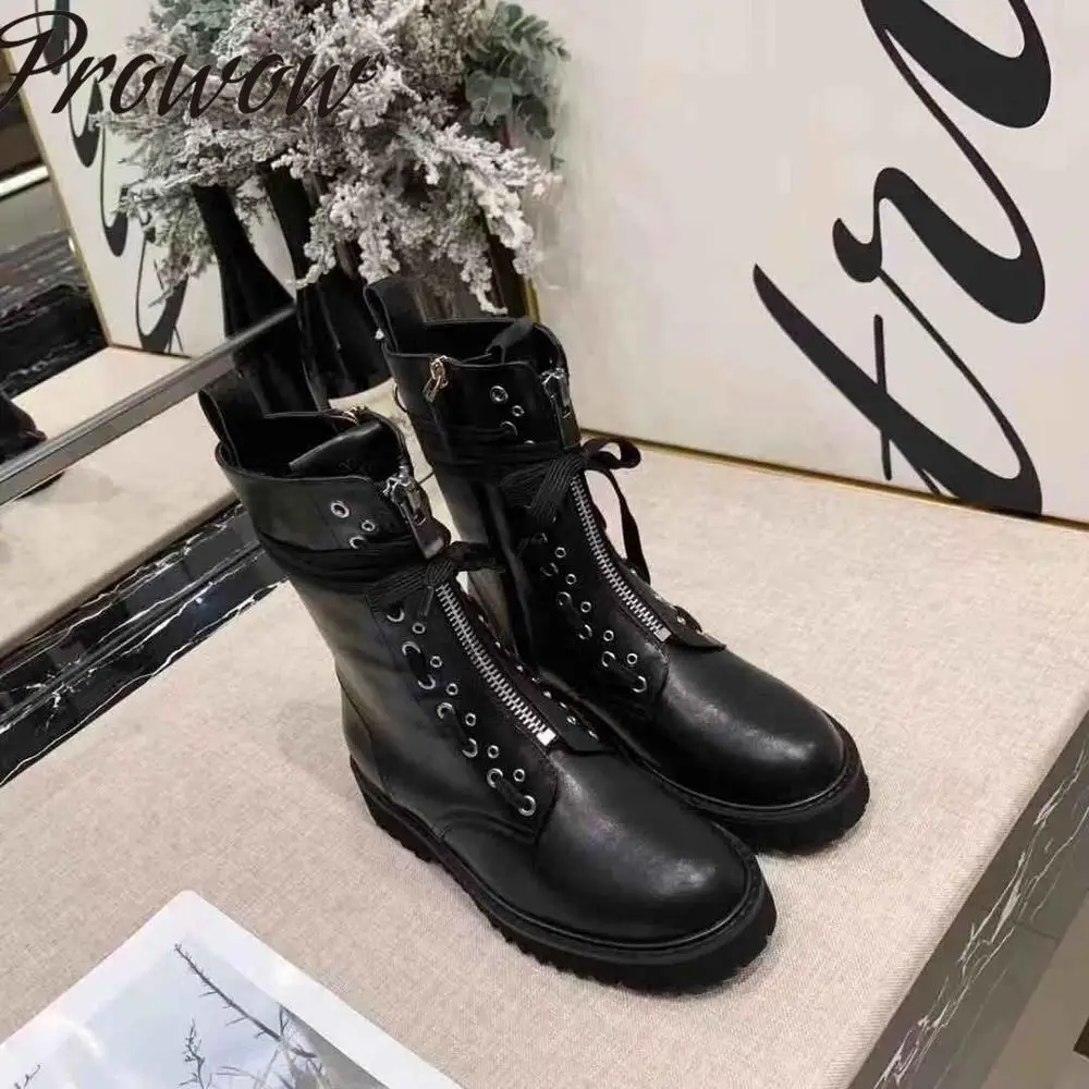 

Prowow New Genuine Leather Branded Lace Up Ankle Boots Round Toe Zip Clousure Low Heel Autumn Winter Boots Shoes Women