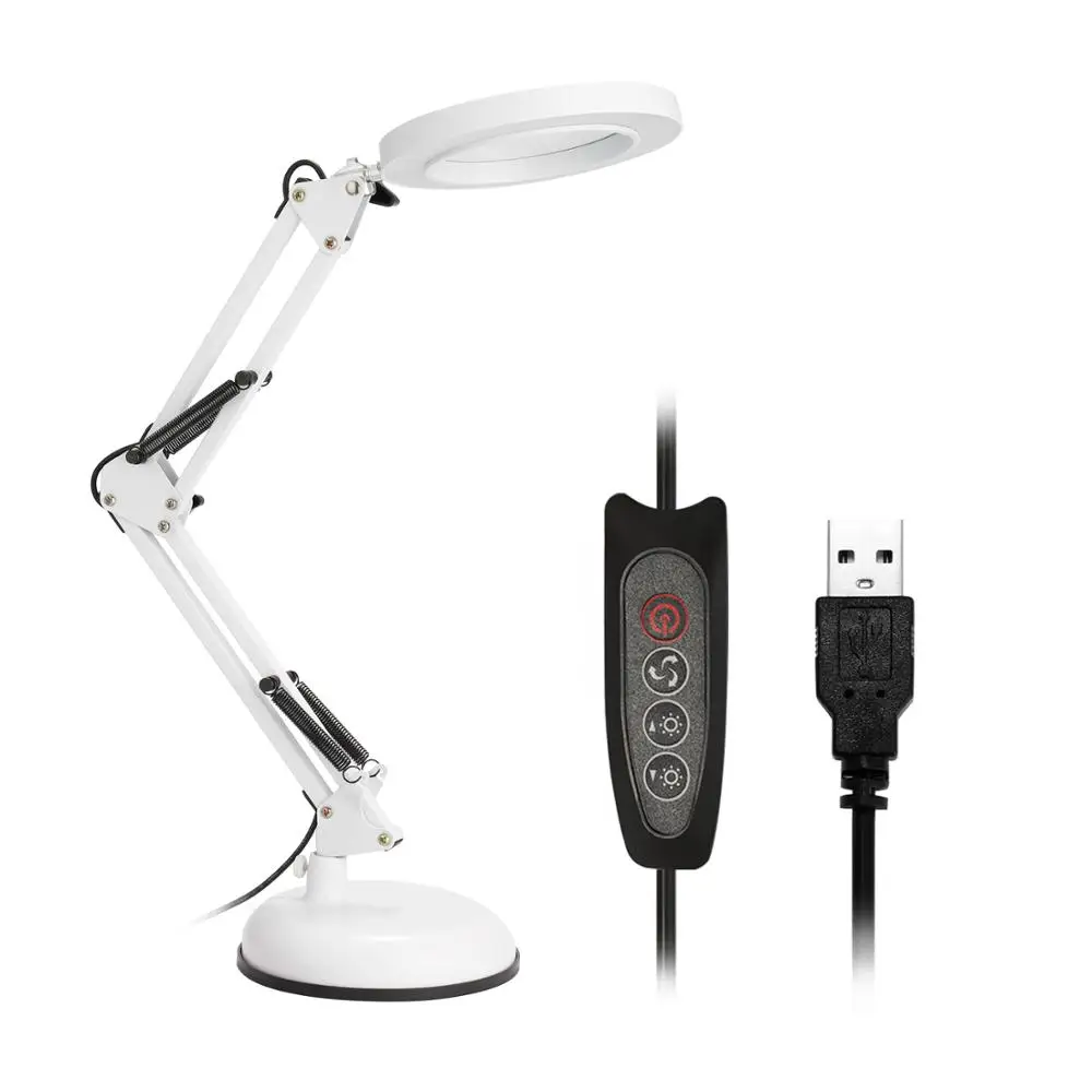 KKMOON Professional 5X Magnifying Glass Desk Lamp Magnifier LED Light Foldable Reading Lamp Magnifier USB Power Supply Magnifier - Цвет: white base