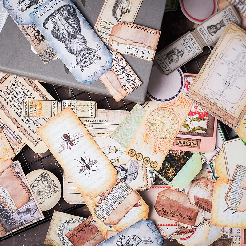 

98pc Retro sKraft paper TAG Memo Alice Butterfly Insect Cat Rabbit Plant Flower Spider Old Letter Paper Sticker Scrapbooking