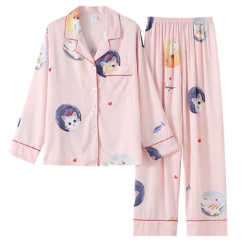 

Lady Pajamas Suit Home Clothes Print Sleepwear Casual Pink Nightwear 2PCS Sleep Set Satin Cute Cartoon Pyjamas Silky Homewear