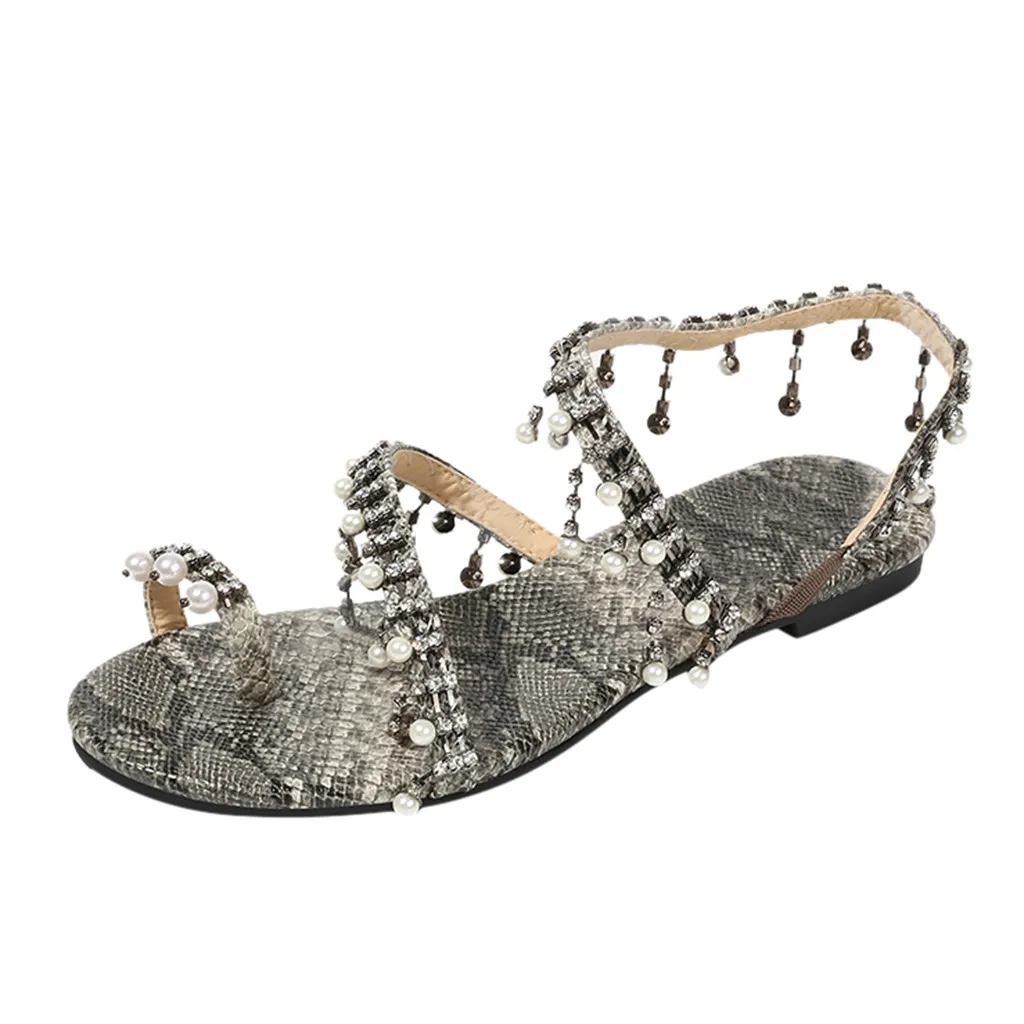 Womens Snake Print Summer sansals Non-Slip Breathable Flat Beading Open Toe Snakeskin Shoes Woman Plus size Light Sandals#Y