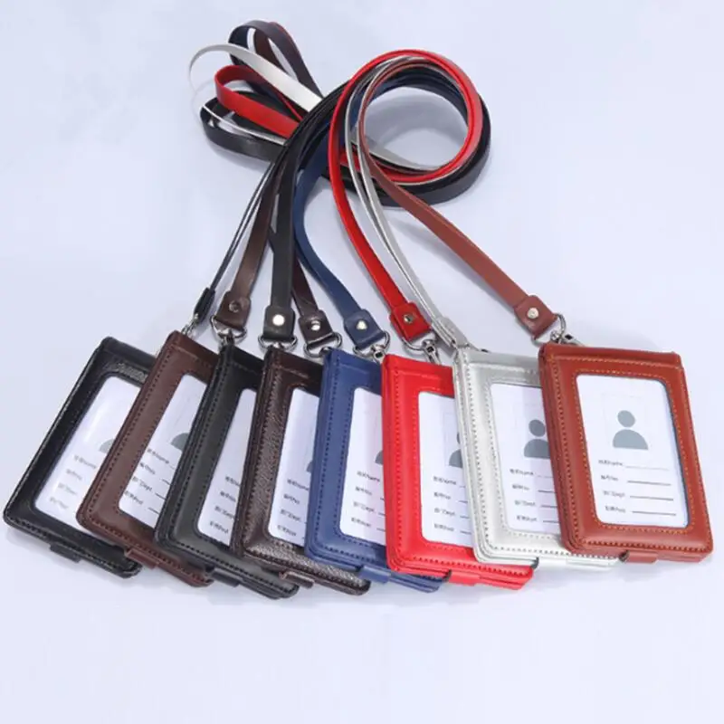 

New Genuine leather Wallet Work Office ID Card Credit Card Badge Holder + Lanyard + 5 Slots Bank Card Holders ID Badge Holders
