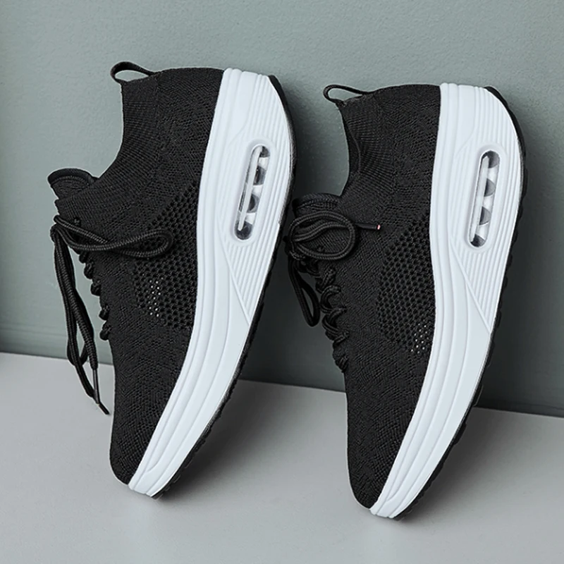 Women Flat Shoes Comfortable Platform Shoes Mesh Casual Sneakers Thick Heel Swing Wedges Shoes Black Lace Up Walking Shoes