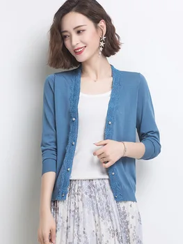 

New style ladies slim solid color knitted sweater long sleeve cardigan red