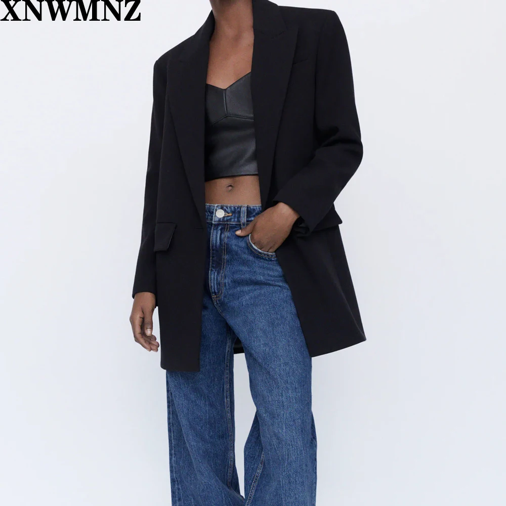 

XNWMNZ Za women extra long blazer lapel collar long sleeve shoulder pads false welt pocket Back vent hem button Oversize blazer