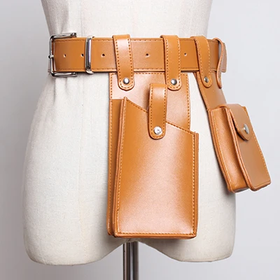 Fashion PU Leather Waist Pack Bag Belt Rectangle Women Leather Waist Pack Square Waist Belt Double Bags Black Green Phone Pocket - Цвет: Camel