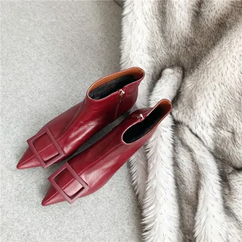 

MLJUESE 2020 women ankle boots cow leather pointed toe buckle strap winter short plush high heels women boots size 34-43