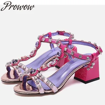 

Prowow New Metallic Leather Crystal Jewel Beading Summer Sandals Open Toe T Strap Thick Heel Party Sandals Shoes Women