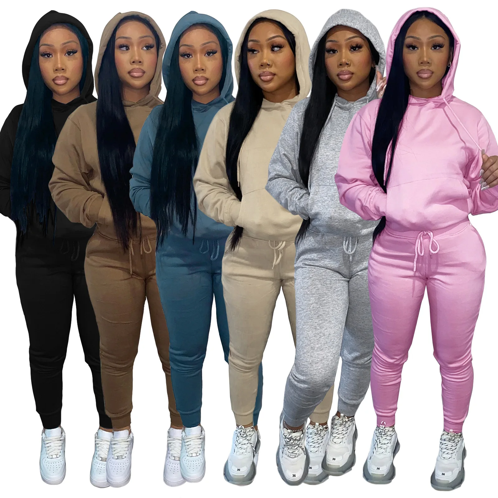 2021 Autumn New Fleece 2 Piece Set Women Solid Color Hoodie Tracksuit Bodycon Sports Jogger Matching Sets Lounge Wear Match Sets oein men casual set 2021 summer solid slim fit tracksuit mens polo shirts shorts suits 2pc sets new jersey fitness sportsuit