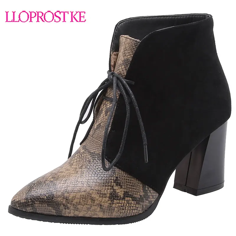 

Lloprost ke 2020 Snakeskin Mix Color PU Leather Flock Women Shoes Lace Up Square High Heel Fashion Pointed Toe Ankle Boots H572
