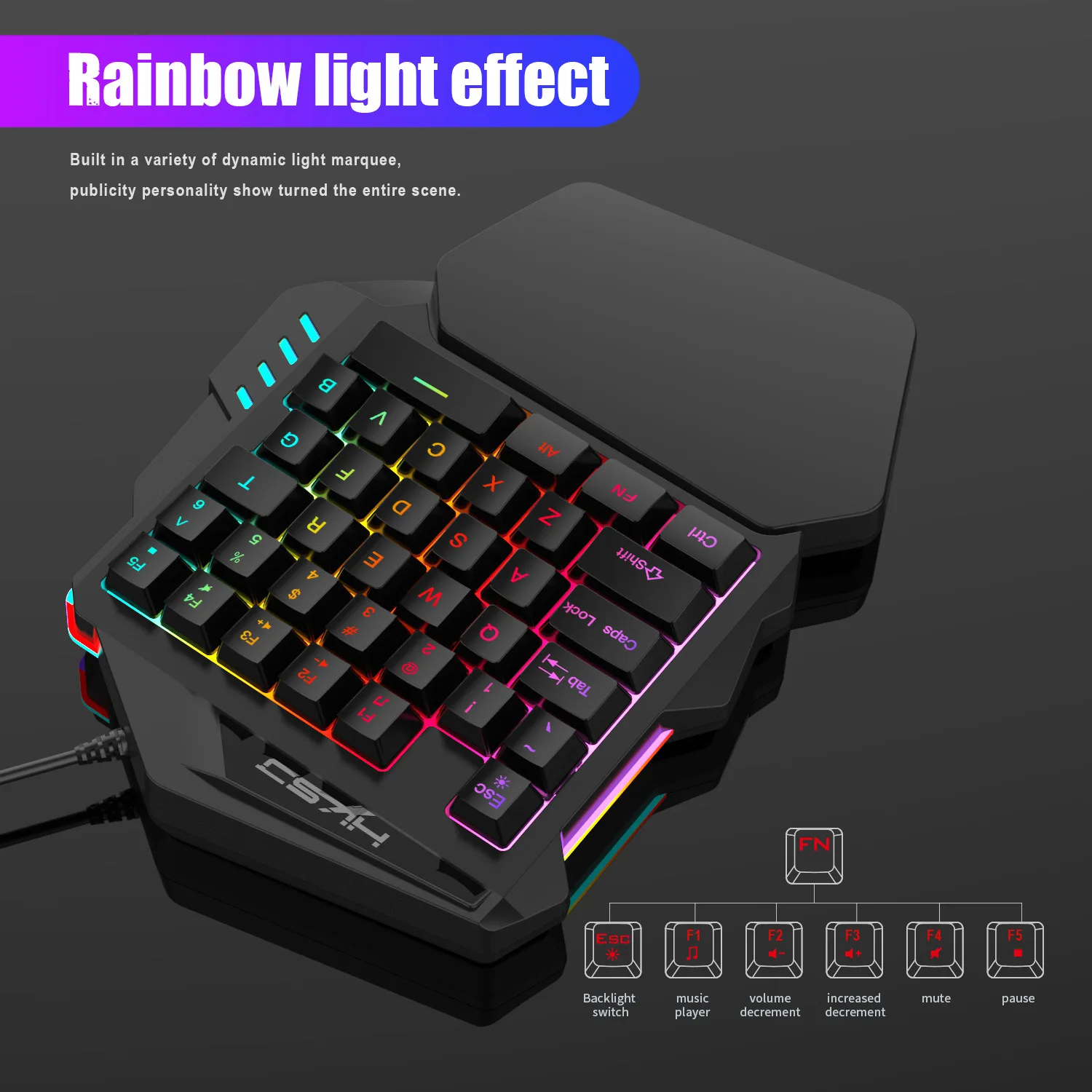  One hand mobile phone game keyboard Mi ni wired Rainbow color RGB Color game pad for PUBG Mobile Ch