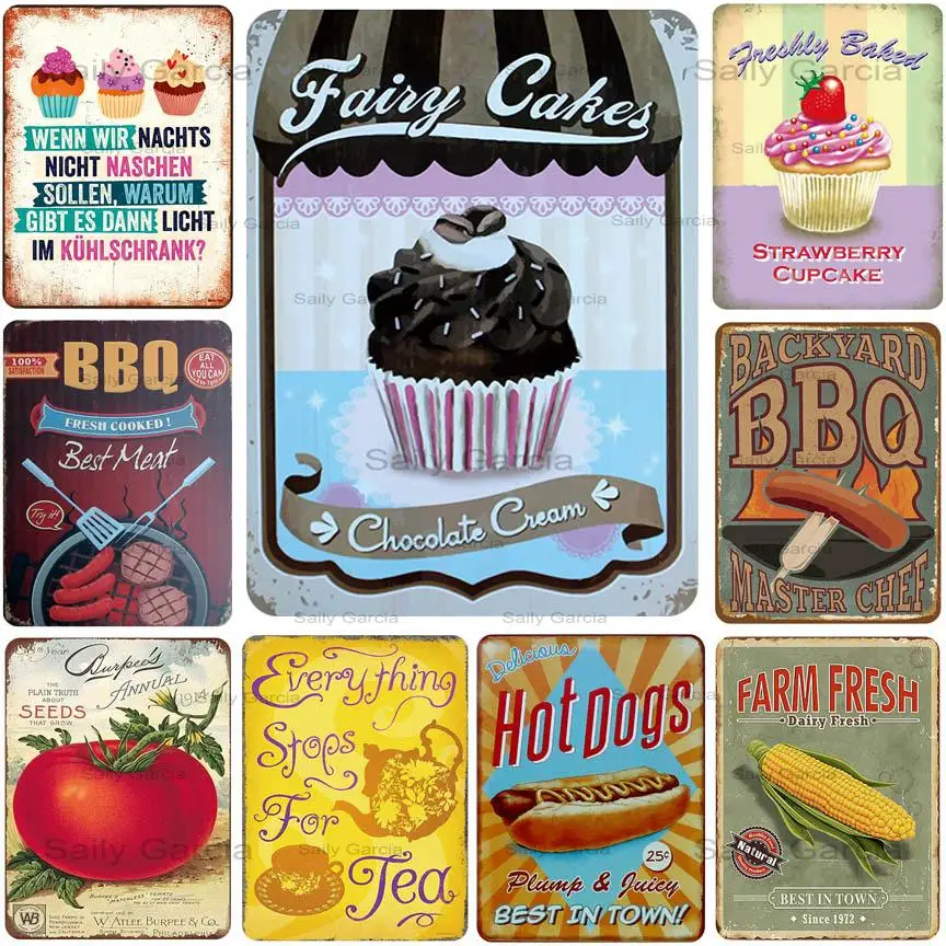 Tea Cupcake Foods Metal Plate Hot Dog Kitchen Decor Tin Sign Vintage Posters Iron Painting For Wall Restaurant Decoration | Дом и сад
