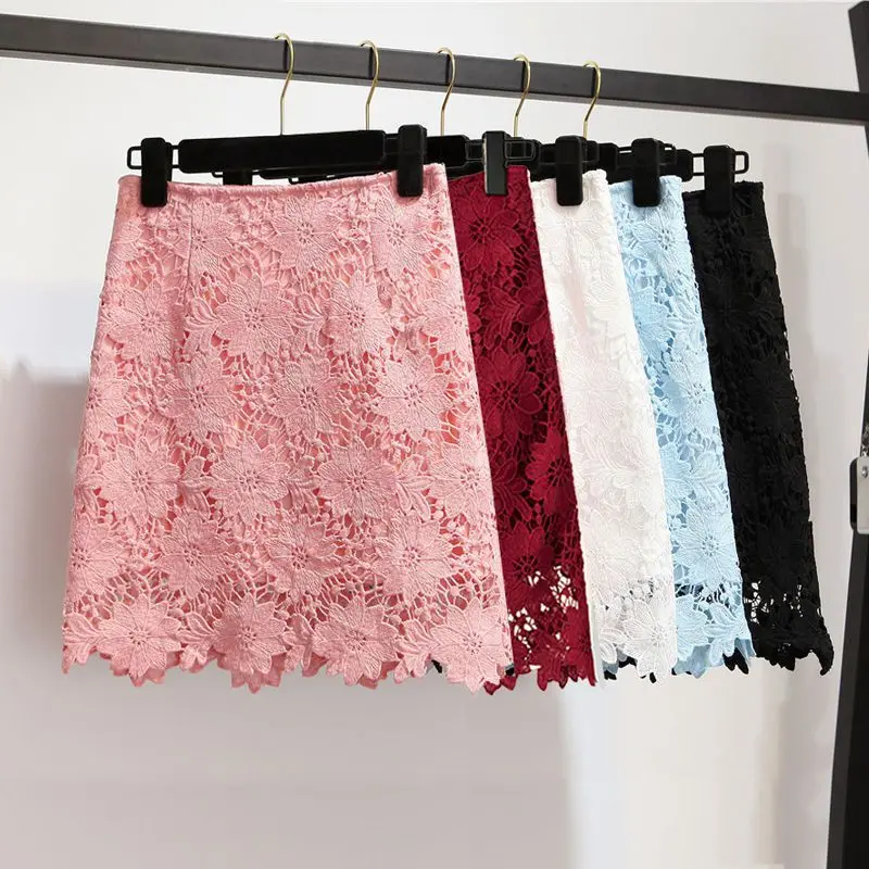

Lace skirt female 2020 summer new Korean version of the high waist slim slimming bag hips Lace Polyester Knee-Length