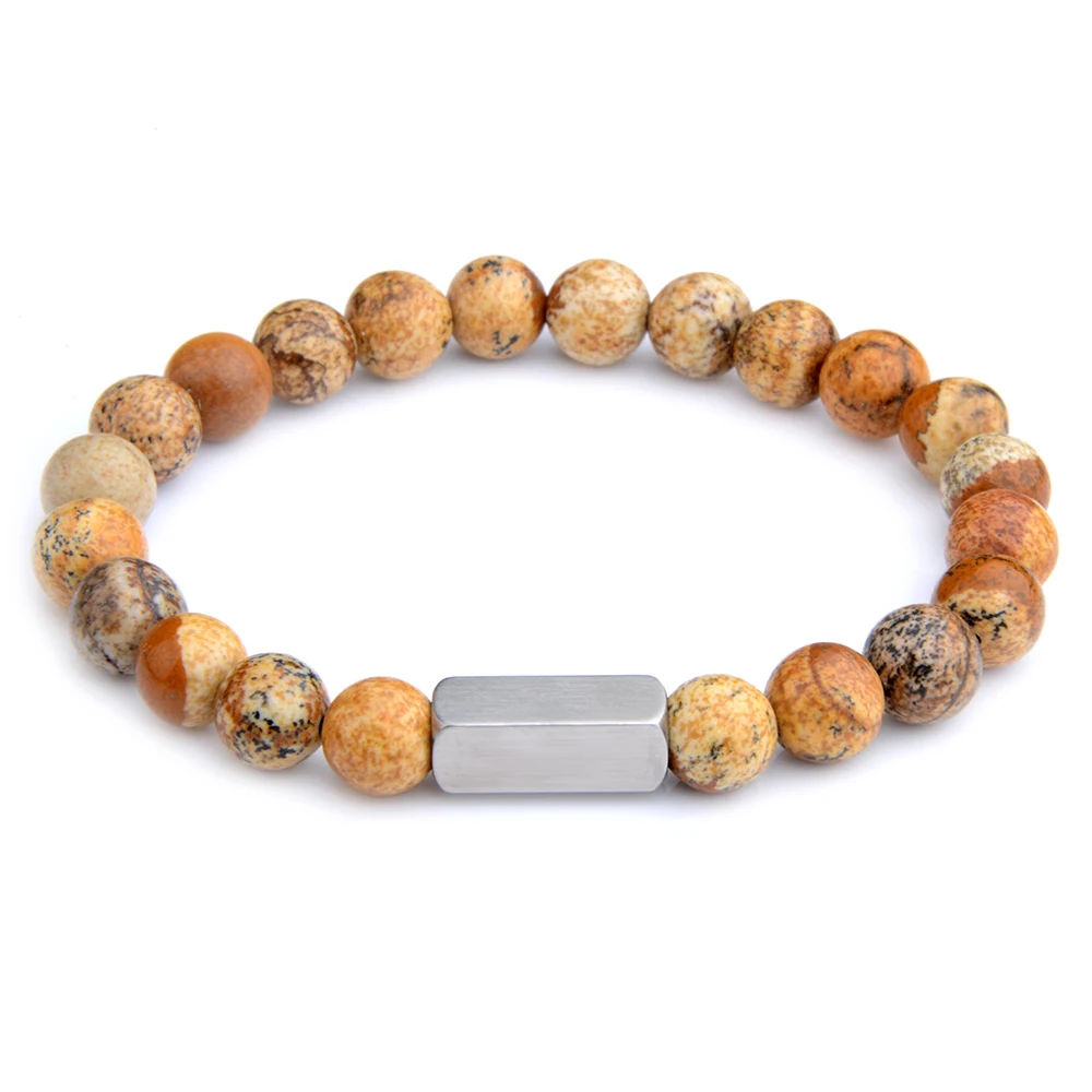 Naturstein Perlen Armband Edelstahl Platz Tiger Auge Lava Klassische Natürliche Stein Armband Für Frauen Männer Schmuck – Detail 10