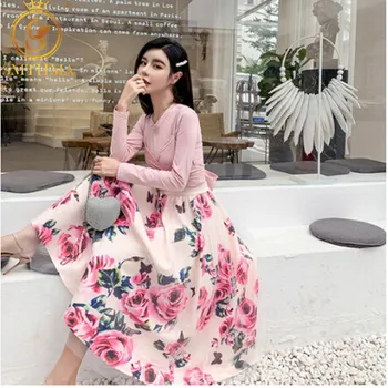 

SMTHMA 2020 New Spring Summer Women's Pink T Shirt + High-waisted Mesh rose print Skirt Two Piece Female Skirt Suits