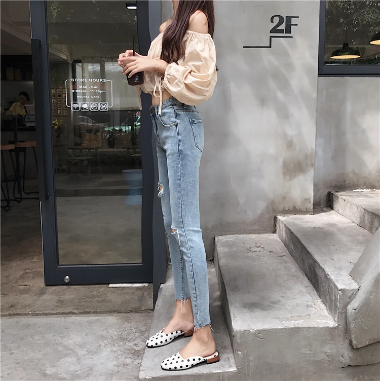 High waist elastic perforated jeans ins feet retro Hong Kong flavor pants tide
