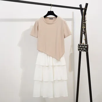 

Casual Women's Sets Sweet Solid Color O-Neck Short Sleeve Fashion Irregular T-Shirt + Mid-Calf Cake Skirt 2019 Summer Sweet 2pcs