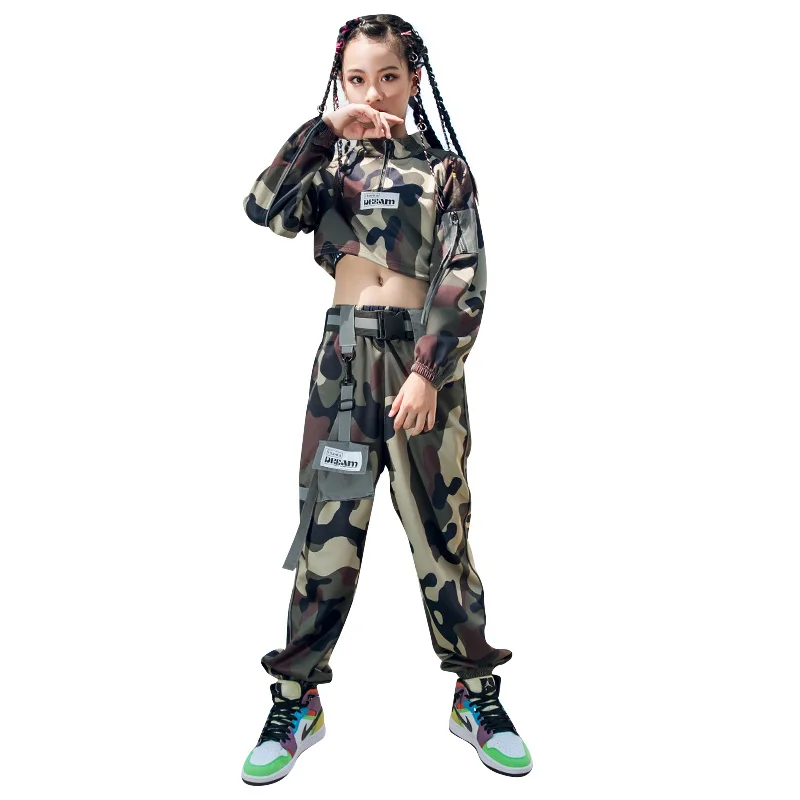 Kids Hip Hop Dance Costume Girls Camouflage Tops Pants Autumn Long Sleeves Set Modern Hiphop Outfits Stage Show Rave Wear BL4970