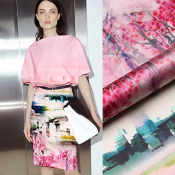 

118*110CM 19MM 93% Silk & 7% Spandex Ink Painting Print Stretch Silk Satin Fabric for Dress Shirt Cheongsam D1092