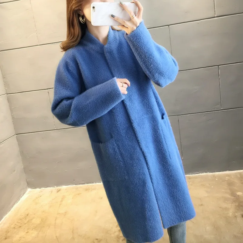 Осеннее и зимнее шерстяное Женское пальто средней длины, новая Корейская Темпераментная Женская популярная верхняя одежда, шерстяное пальто, женский свитер - Цвет: blue