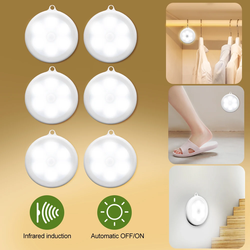 6pcs cold white 1/3/6 шт ИК-датчиком движения Сенсор шкаф светильник 80 мм диаметром 6 светодиодный Беспроводной прихожей Лестницы детектор светильник для защиты глаз Автоматическое включение/выключение лампы - Цвет: 6pcs cold white